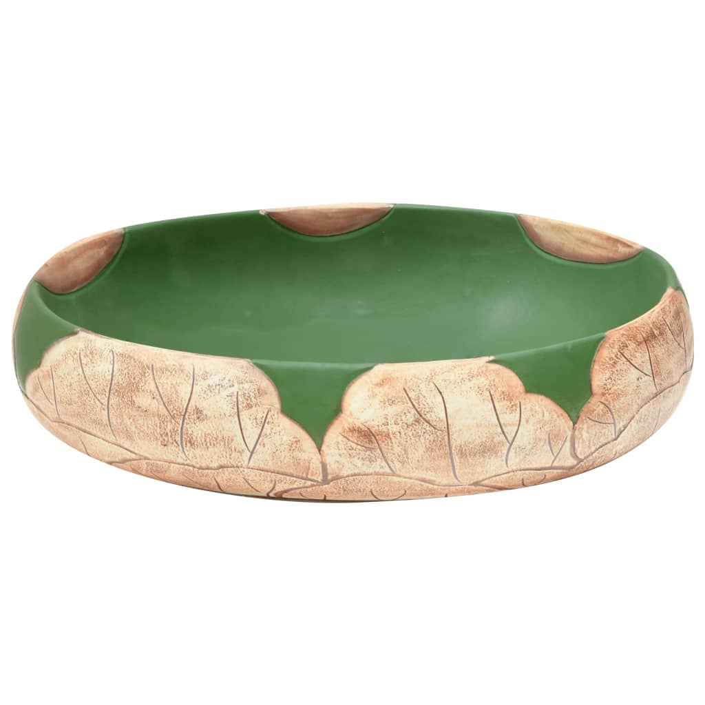 vidaXL Nadpultni umivalnik zelen in rjav ovalen 59x40x15 cm keramika