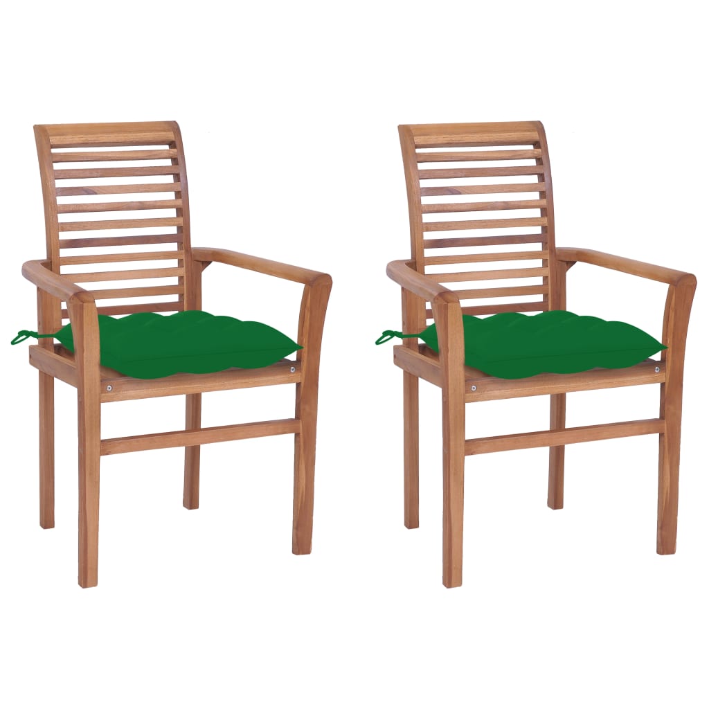 vidaXL Jedilni stoli 2 kosa z zelenimi blazinami trdna tikovina