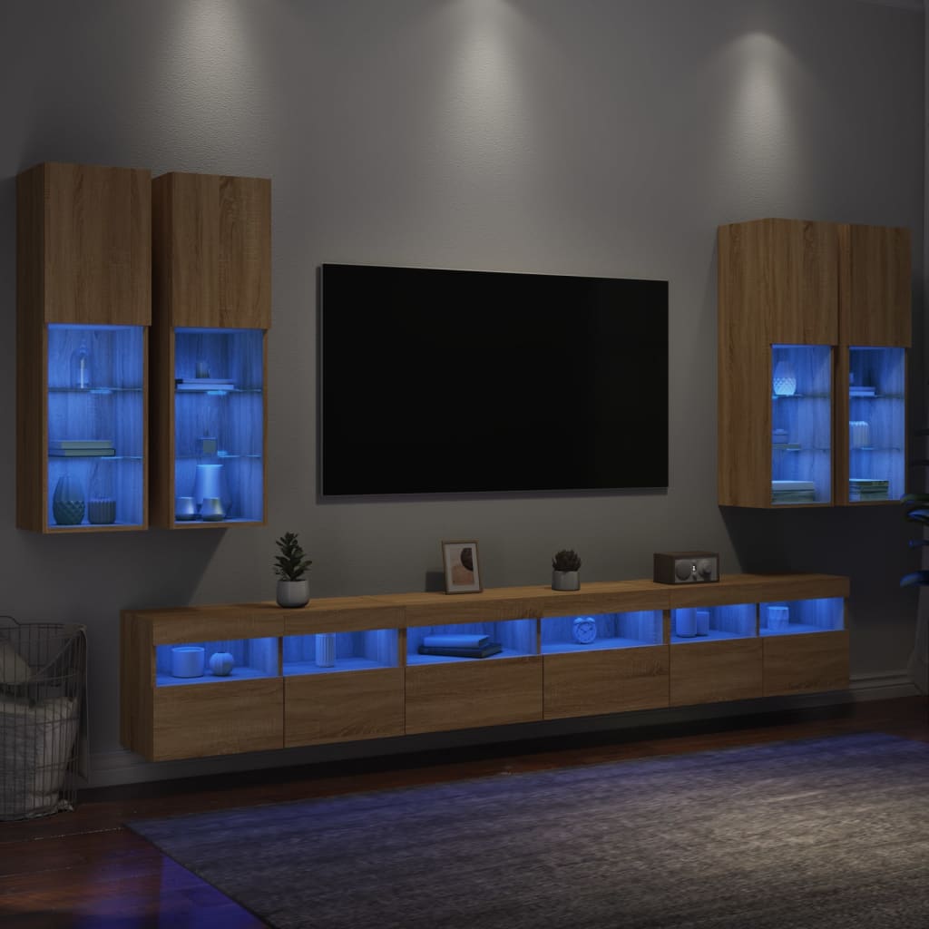 vidaXL Stenske TV omarice z LED lučkami 7 kosov sonoma hrast
