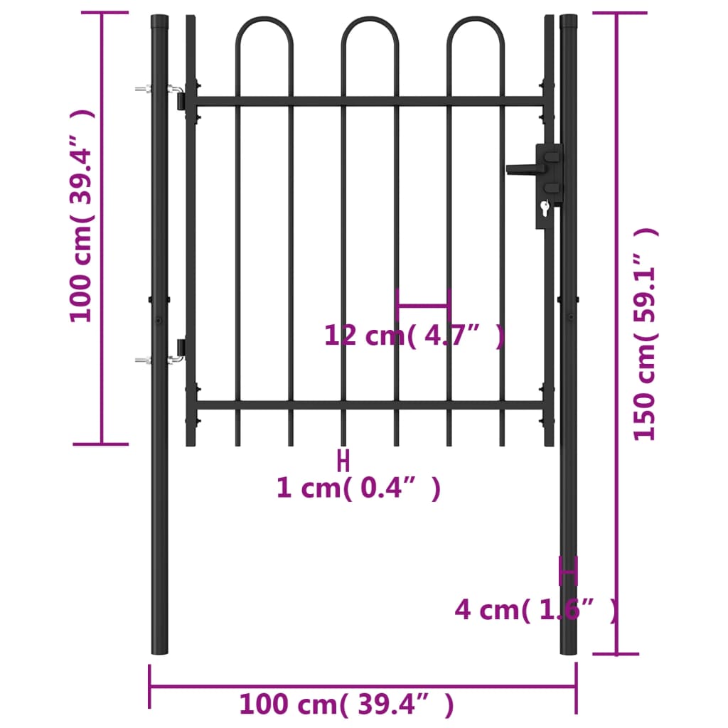 vidaXL Enojna vrata za ograjo zaobljena jeklo 1x1 m črna