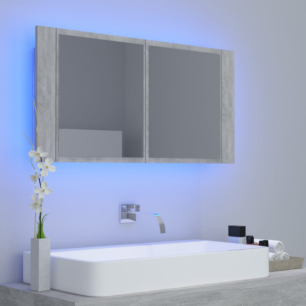 vidaXL LED kopalniška omarica z ogledalom betonsko siva 90x12x45 akril