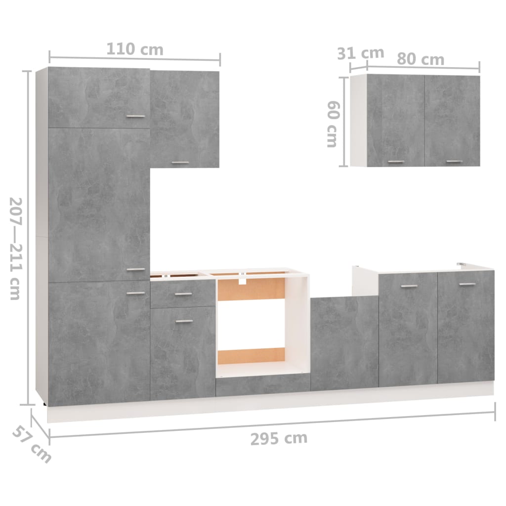 vidaXL Komplet kuhinjskih omaric 7-delni betonsko siv iverna plošča