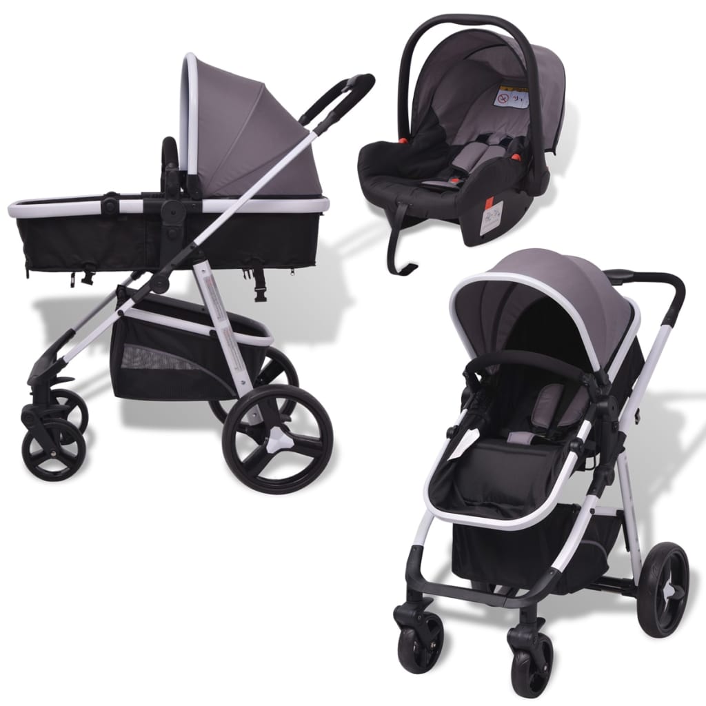 vidaXL Otroški voziček 3 v 1 aluminijast sive in črne barve