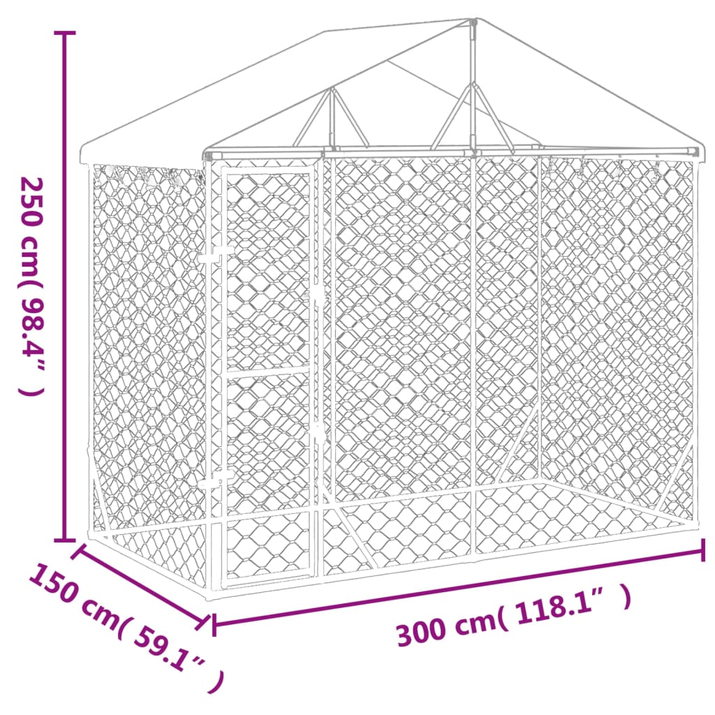 vidaXL Zunanja pasja ograda s streho srebrna 3x1,5x2,5 m pocink. jeklo