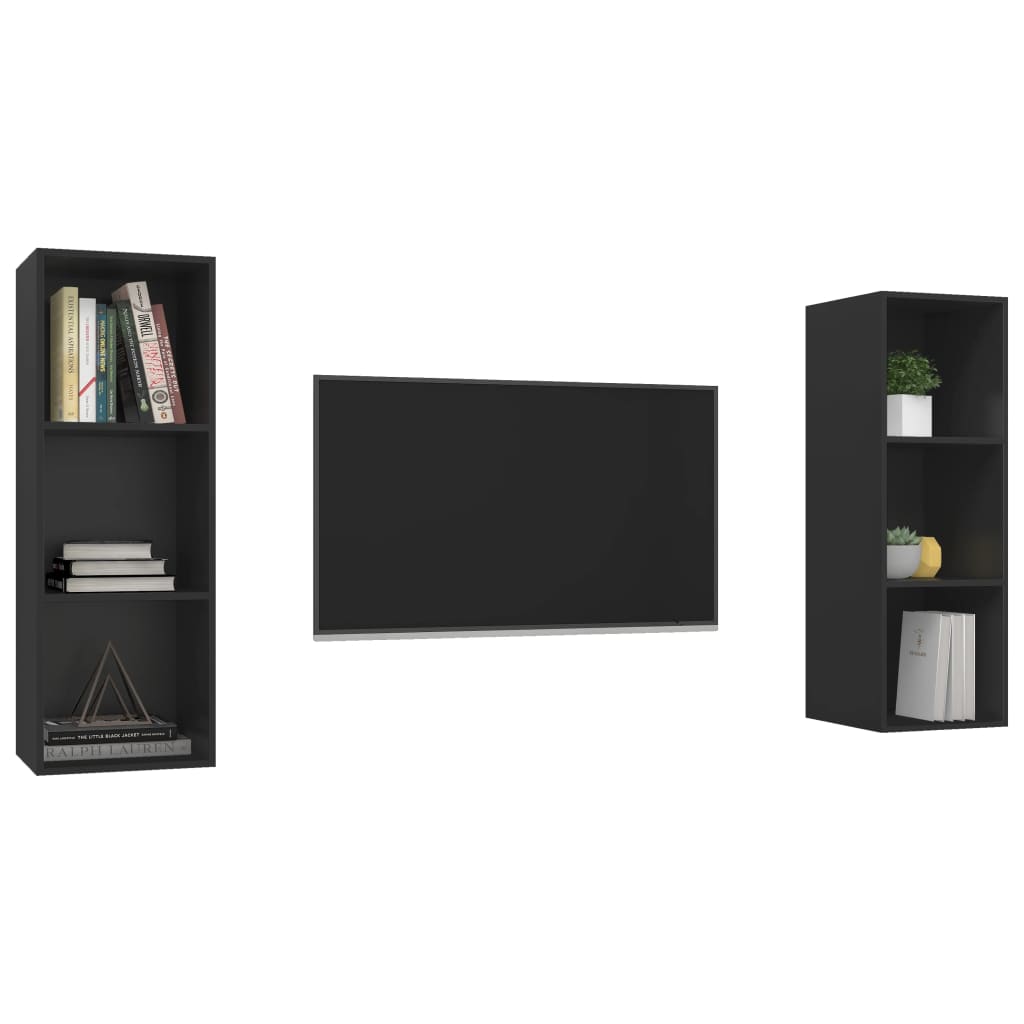 vidaXL Stenska TV omarica 2 kosa črne barve iverna plošča