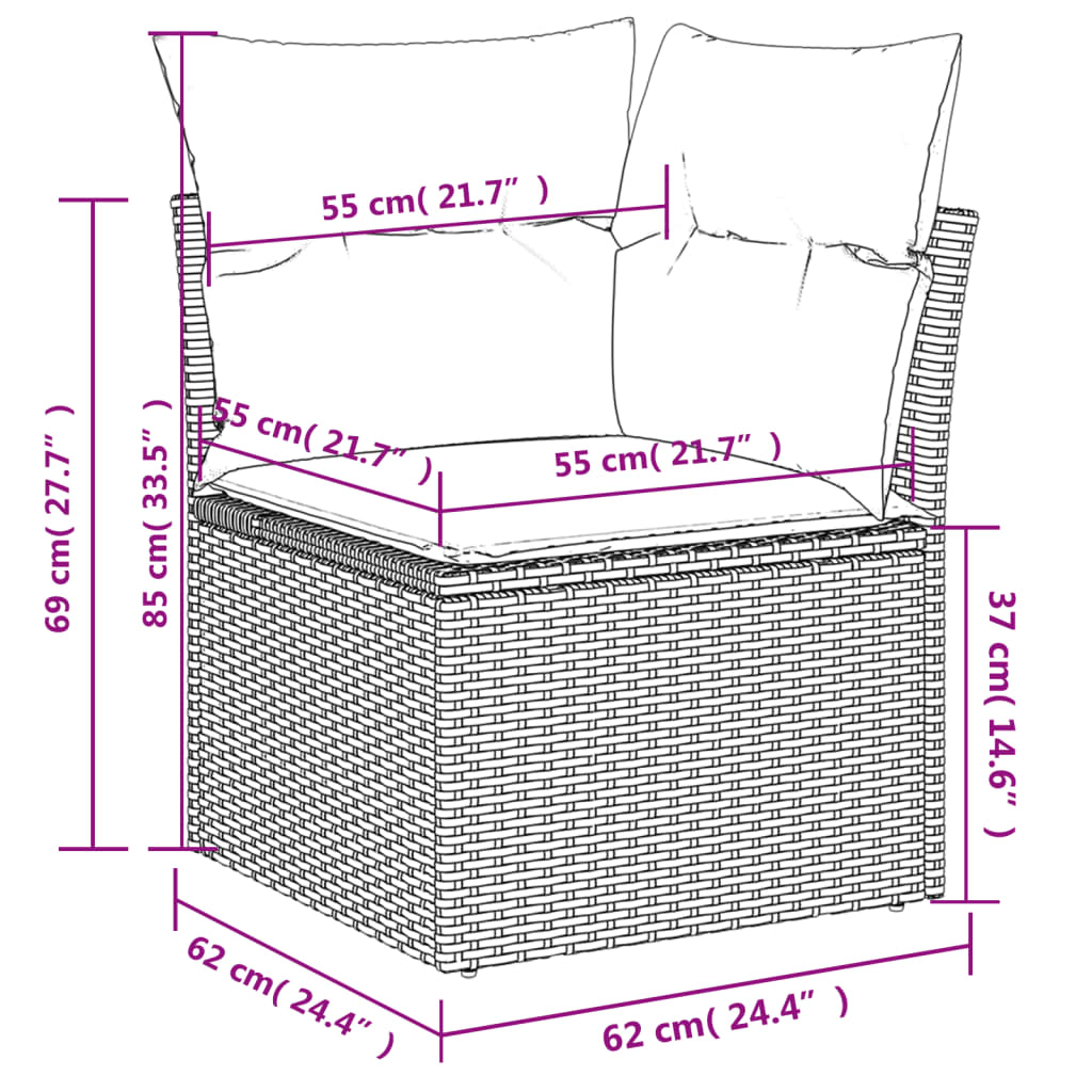 vidaXL Vrtni kotni kavč z blazinami siv poli ratan