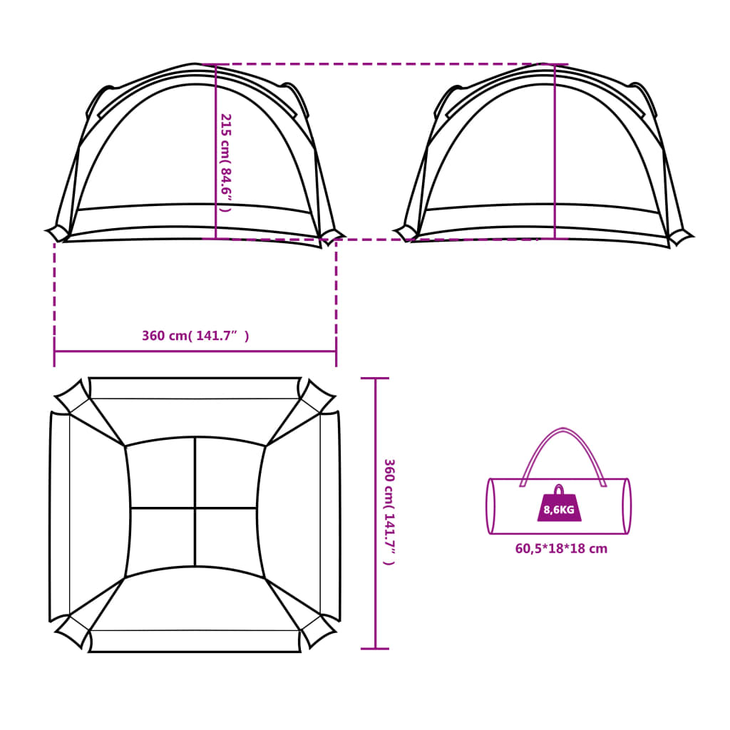 vidaXL Vrtni šotor moder 360x360x215 cm 185T taft