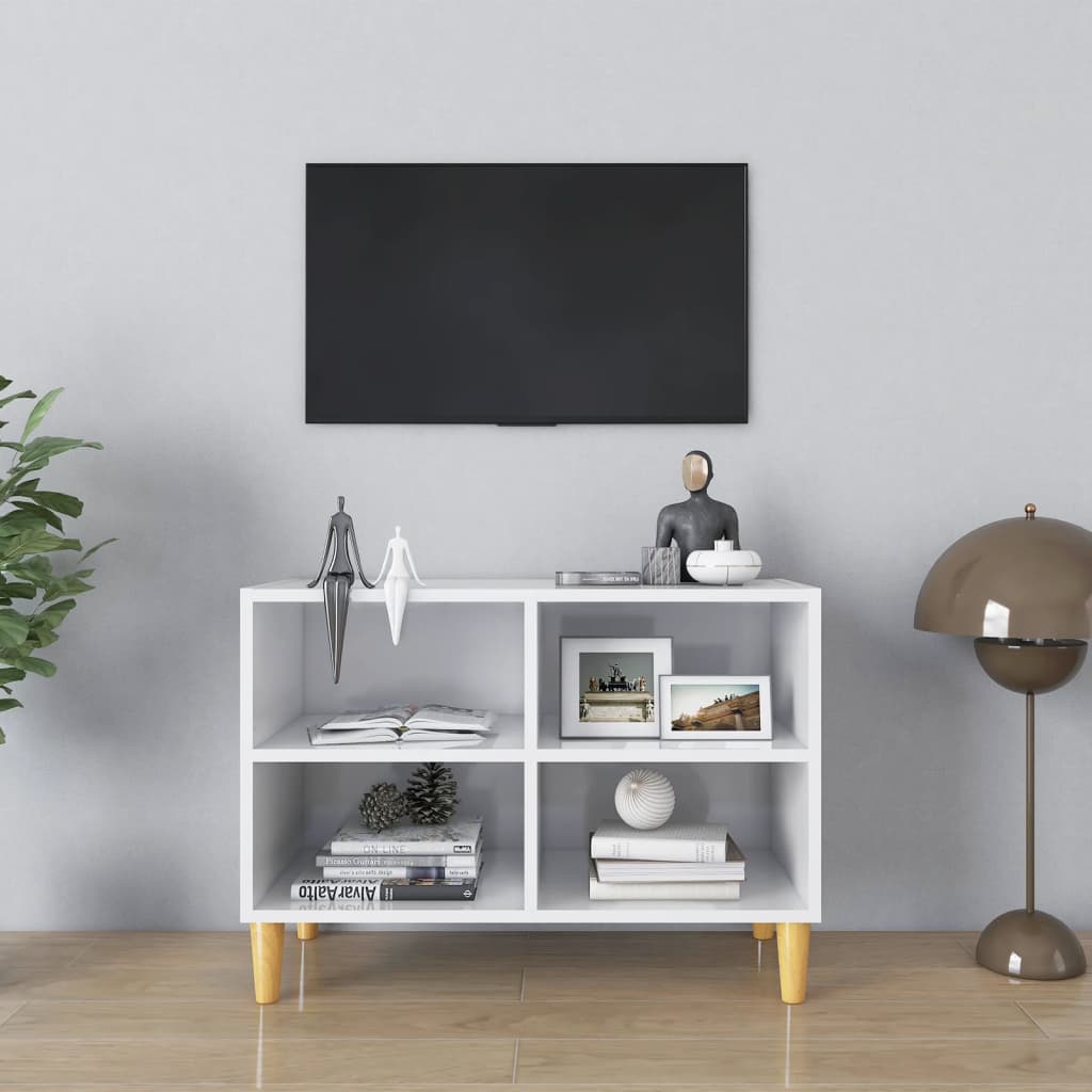 vidaXL TV omarica z lesenimi nogami visok sijaj bela 69,5x30x50 cm