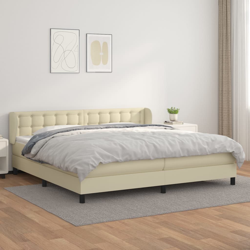 vidaXL Box spring postelja z vzmetnico krem 200x200 cm umetno usnje