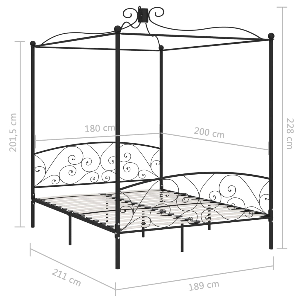 vidaXL Posteljni okvir z ogrodjem za baldahin črn kovinski 180x200 cm