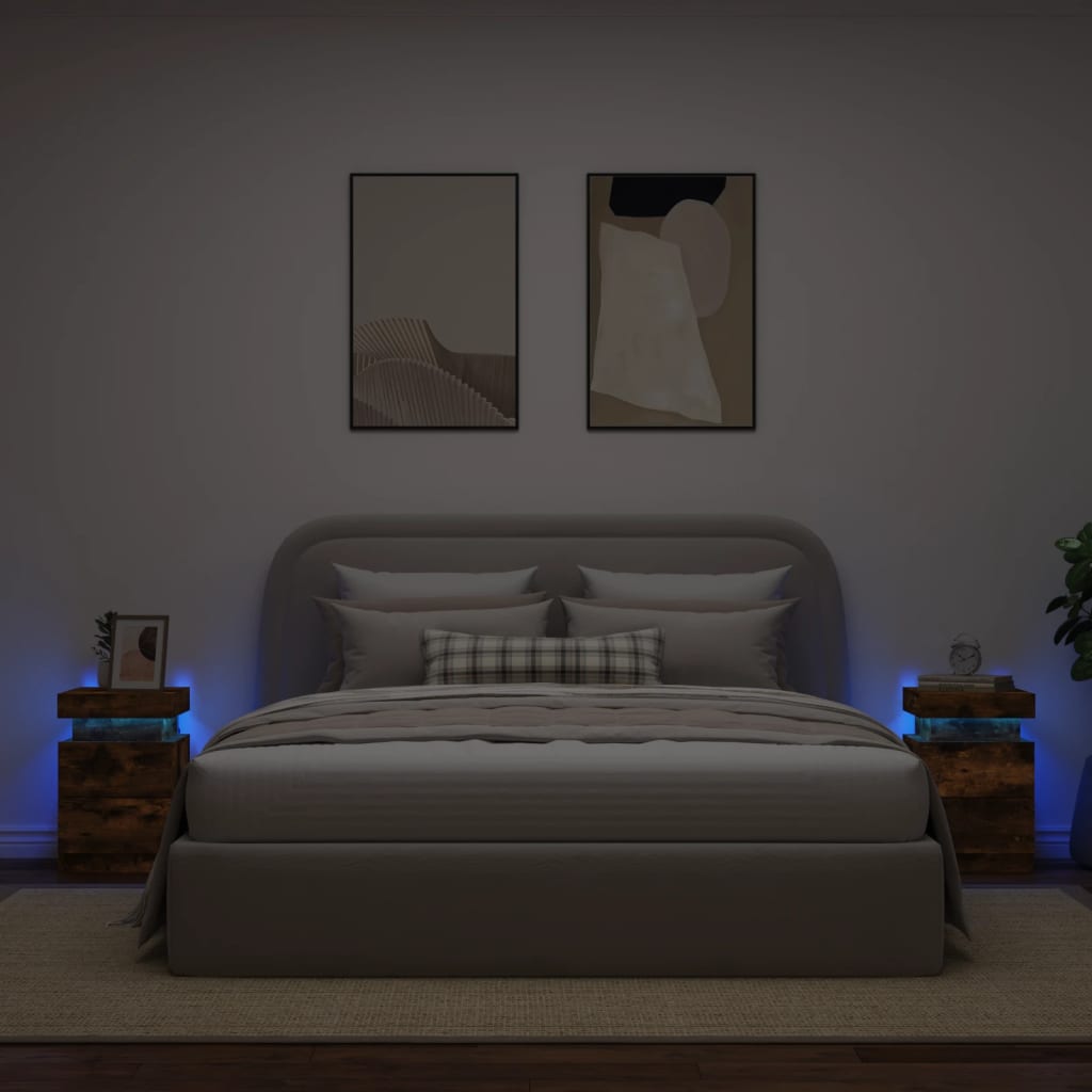 vidaXL Nočna omarica z LED lučkami 2 kosa dimljeni hrast 35x39x55 cm