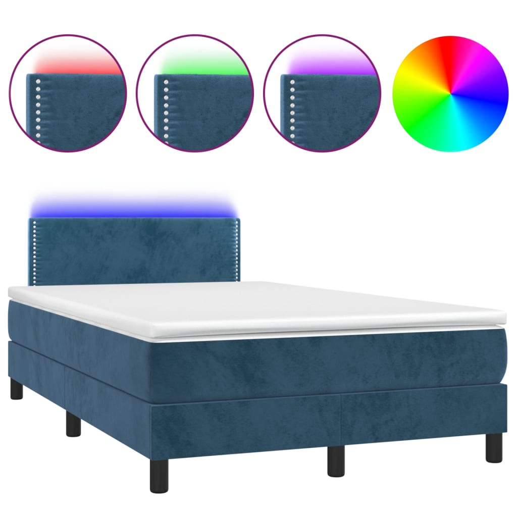 vidaXL Box spring postelja z vzmetnico LED tem. modra 120x190 cm žamet