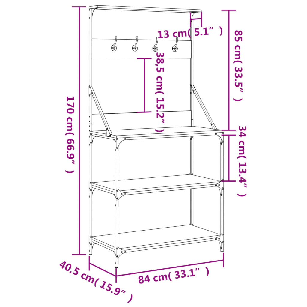 vidaXL Regal za peko s kavlji 4-nadstropni rjavi hrast inženirski les