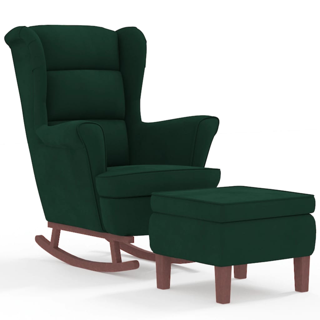 vidaXL Gugalni stol z lesenimi nogami in stolčkom temno zelen žamet
