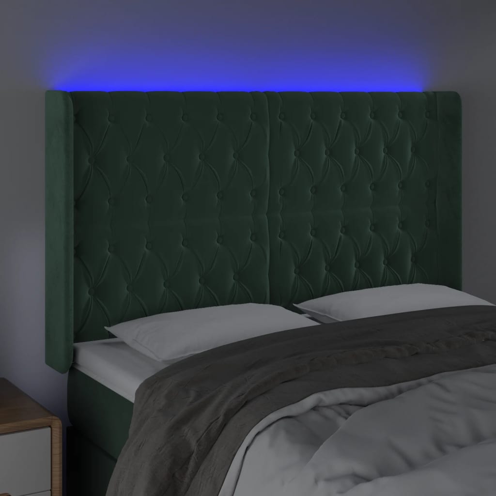 vidaXL LED posteljno vzglavje temno zeleno 163x16x118/128 cm žamet