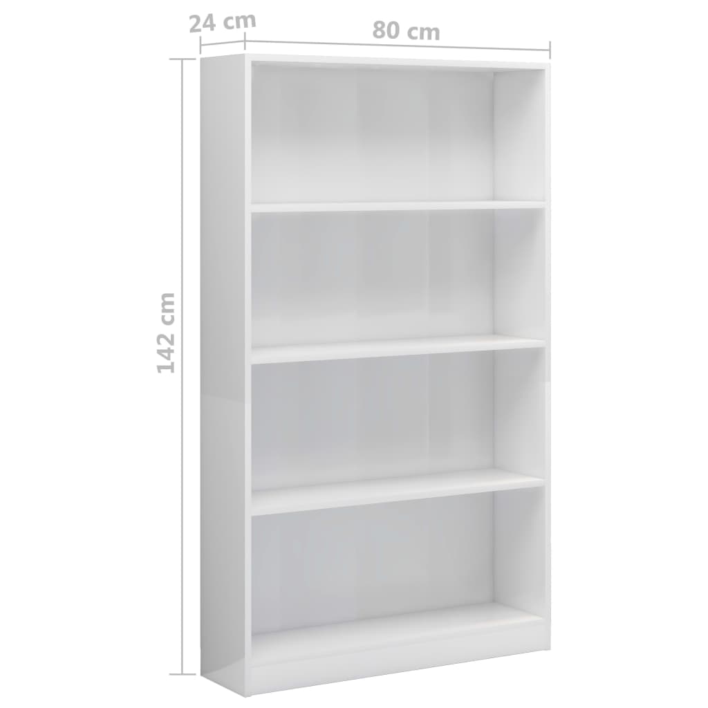 vidaXL Knjižna omara 4-nadstropna visok sijaj bela 80x24x142 cm