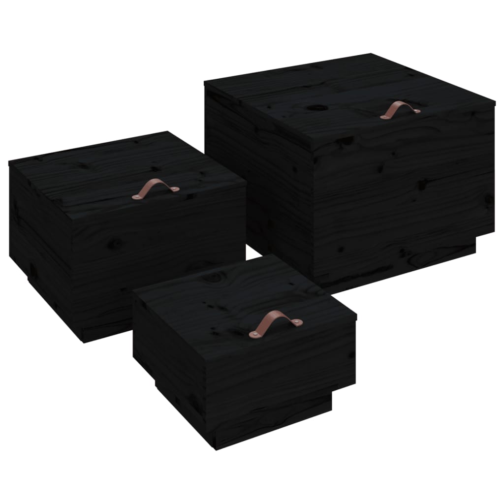 vidaXL Škatle za shranjevanje s pokrovi 3 kosi črna trdna borovina