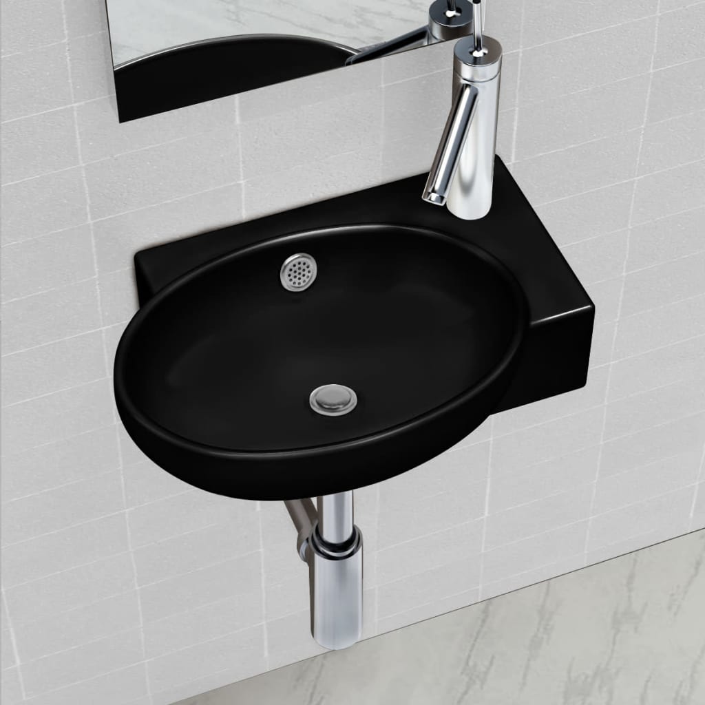 Keramičen kopalniški umivalnik okrogel z luknjo za pipo črn