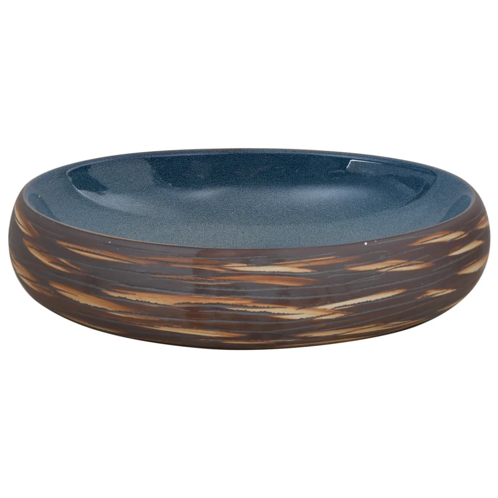 vidaXL Nadpultni umivalnik rjav in moder ovalen 59x40x15 cm keramika