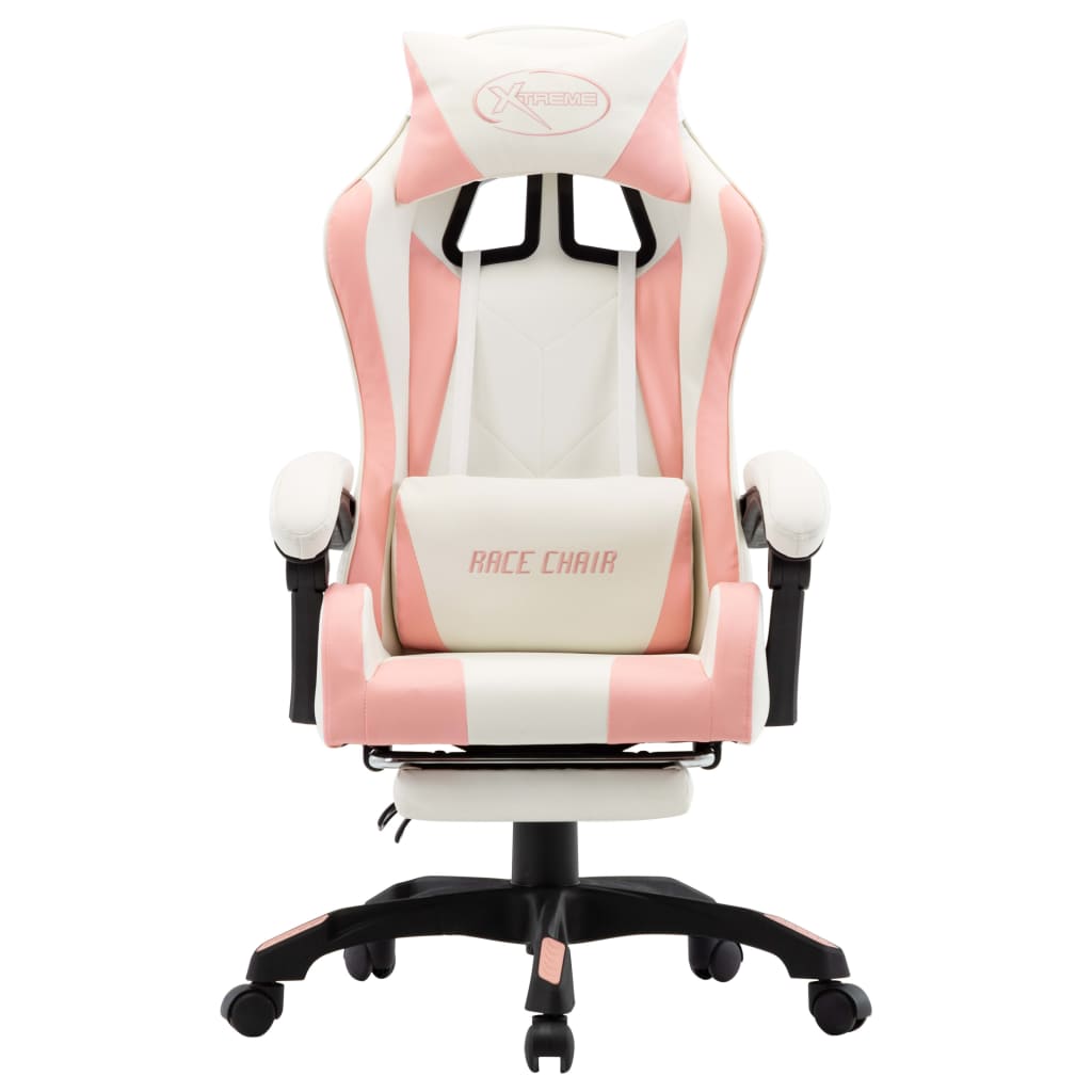 vidaXL Racing stol z oporo za noge roza in belo umetno usnje