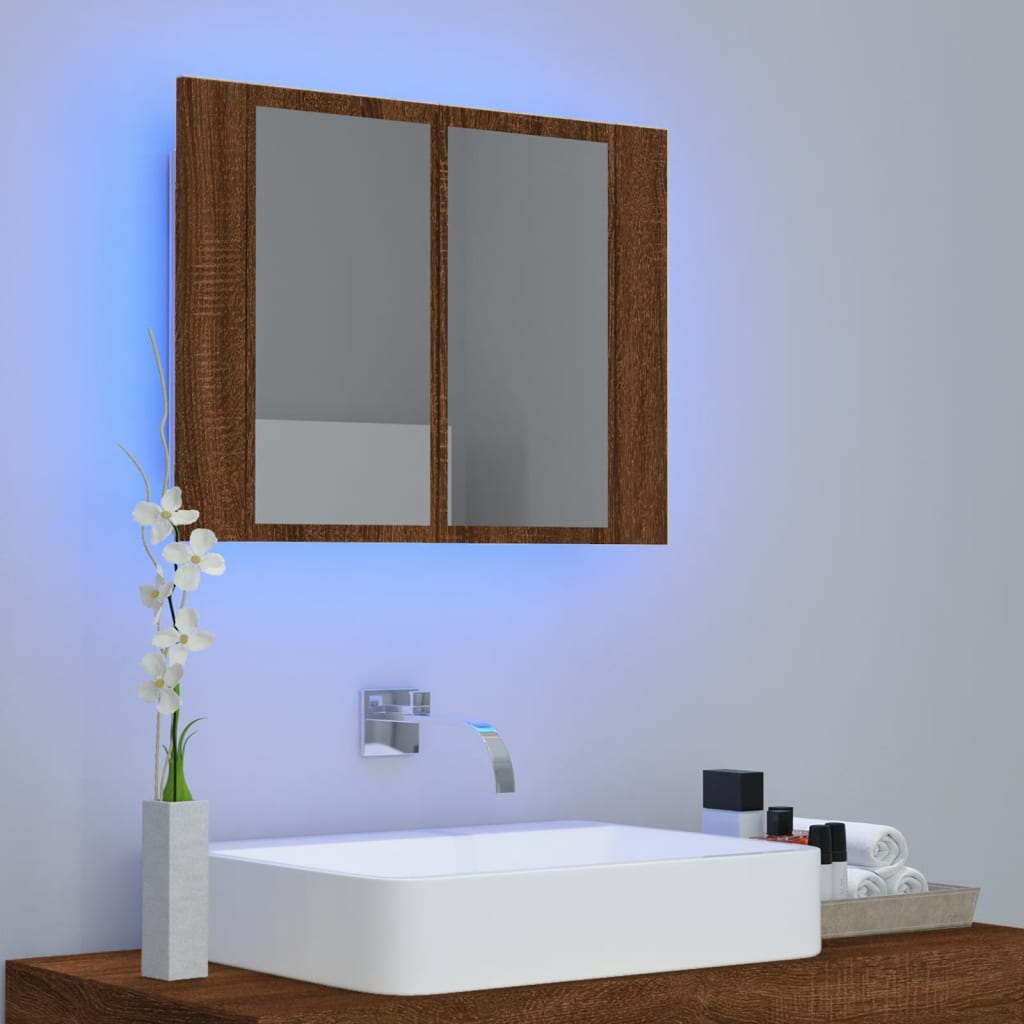 vidaXL LED omarica z ogledalom rjav hrast 60x12x45 cm inženirski les