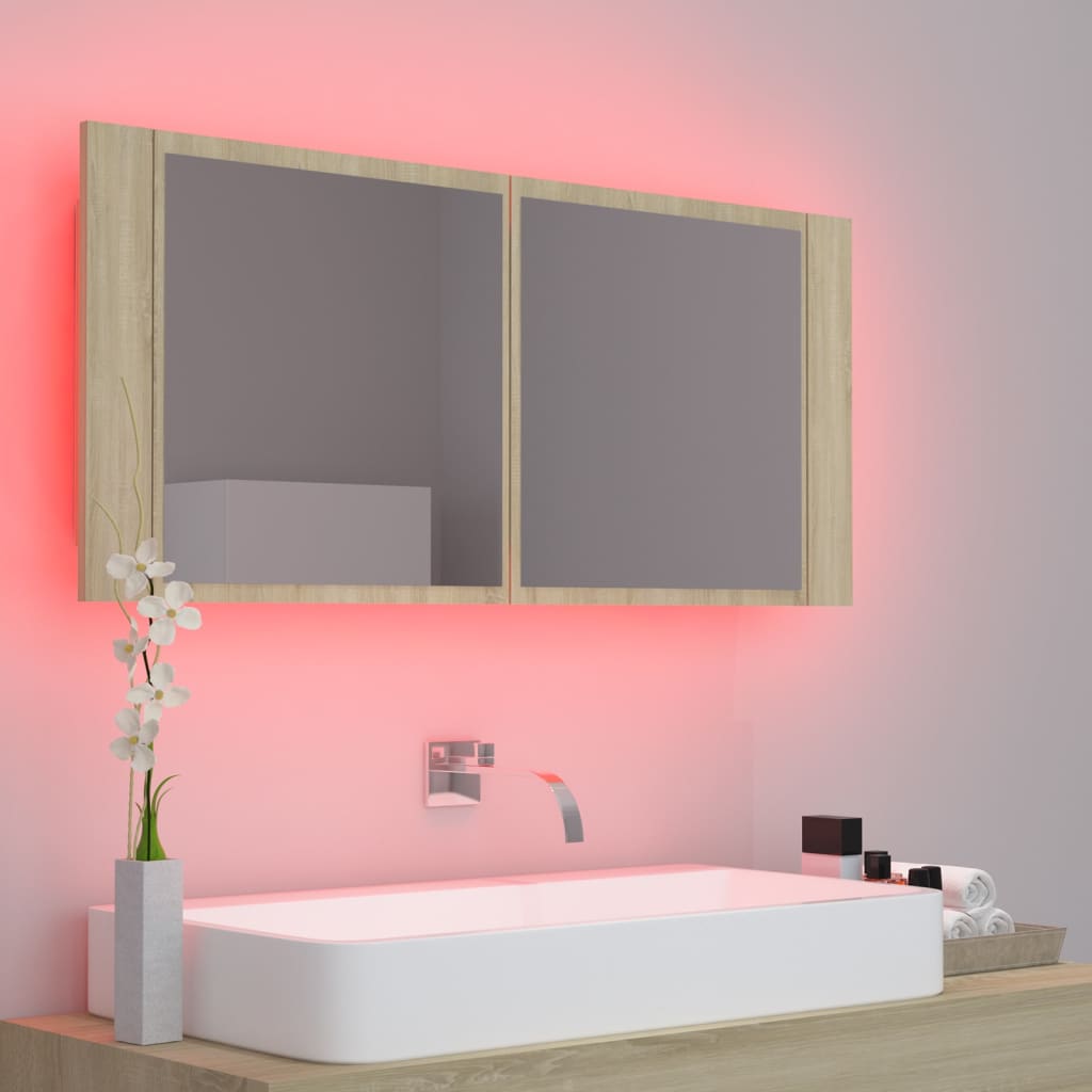 vidaXL LED kopalniška omarica z ogledalom sonoma hrast 100x12x45 akril