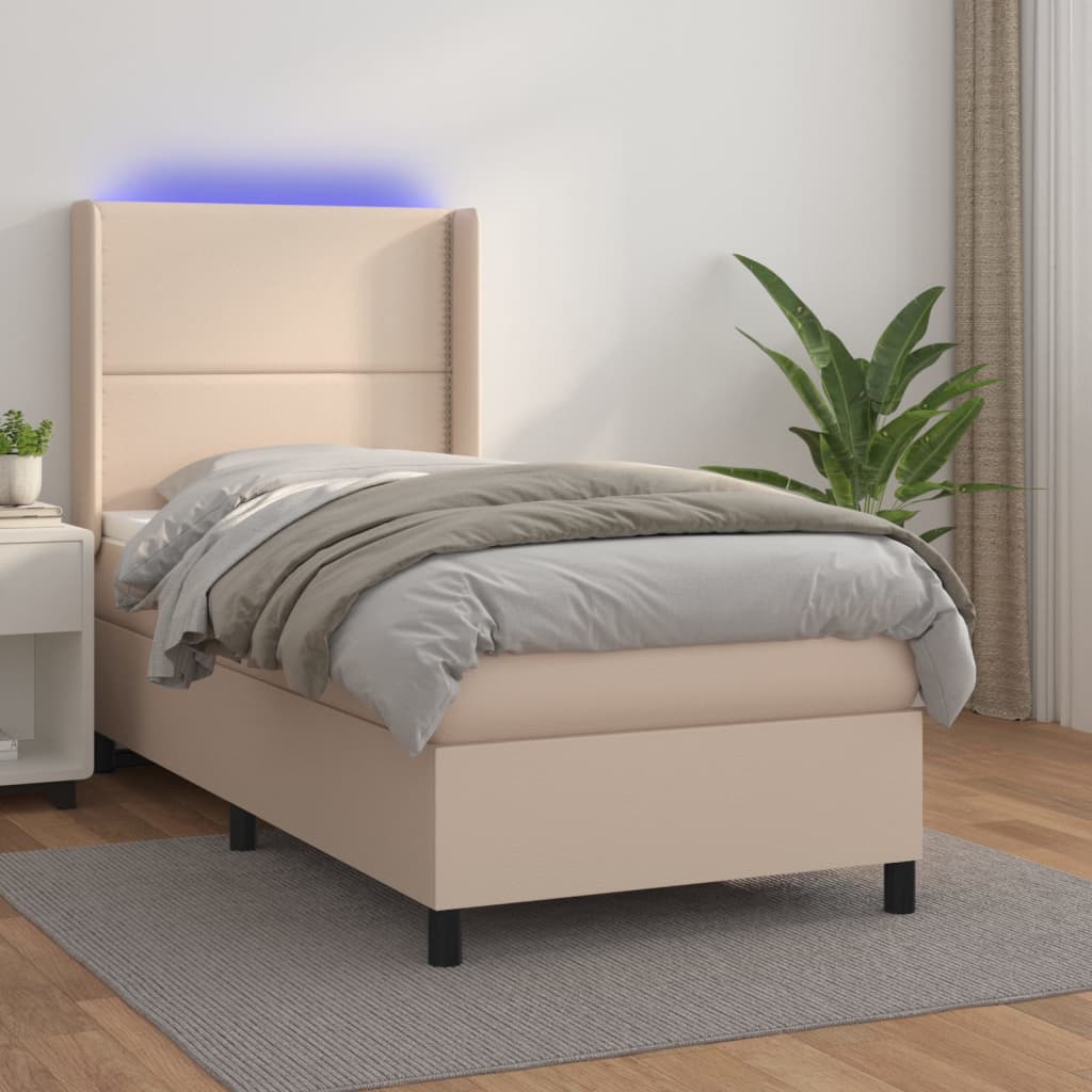 vidaXL Box spring postelja z vzmetnico LED kapučino 80x200cm um. usnje