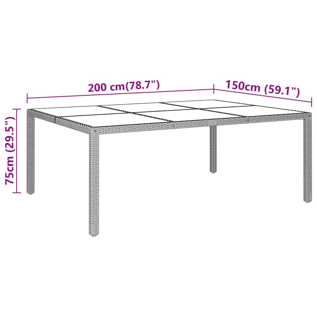 vidaXL Vrtna miza s stekleno ploščo rjava 200x150x75 cm ratan