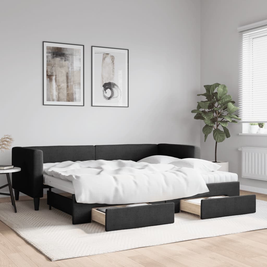 vidaXL Izvlečna dnevna postelja s predali črna 80x200 cm blago