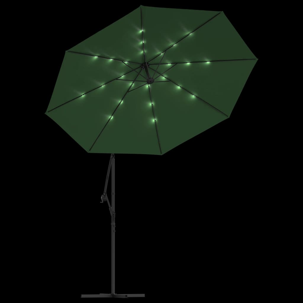 vidaXL Viseč senčnik z LED lučkami 300 cm zelene barve kovinski drog