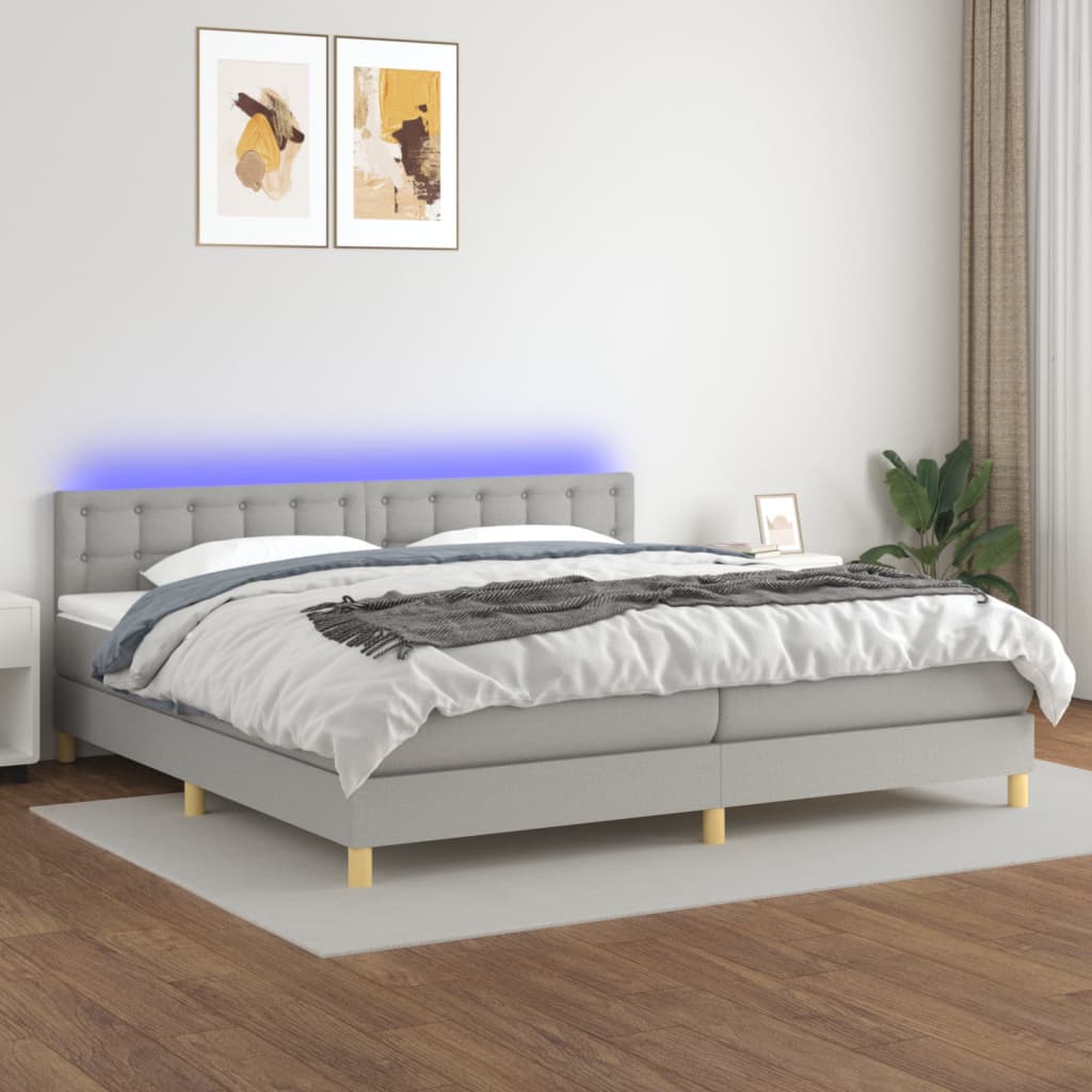 vidaXL Box spring postelja z vzmetnico LED sv. siva 200x200 cm blago