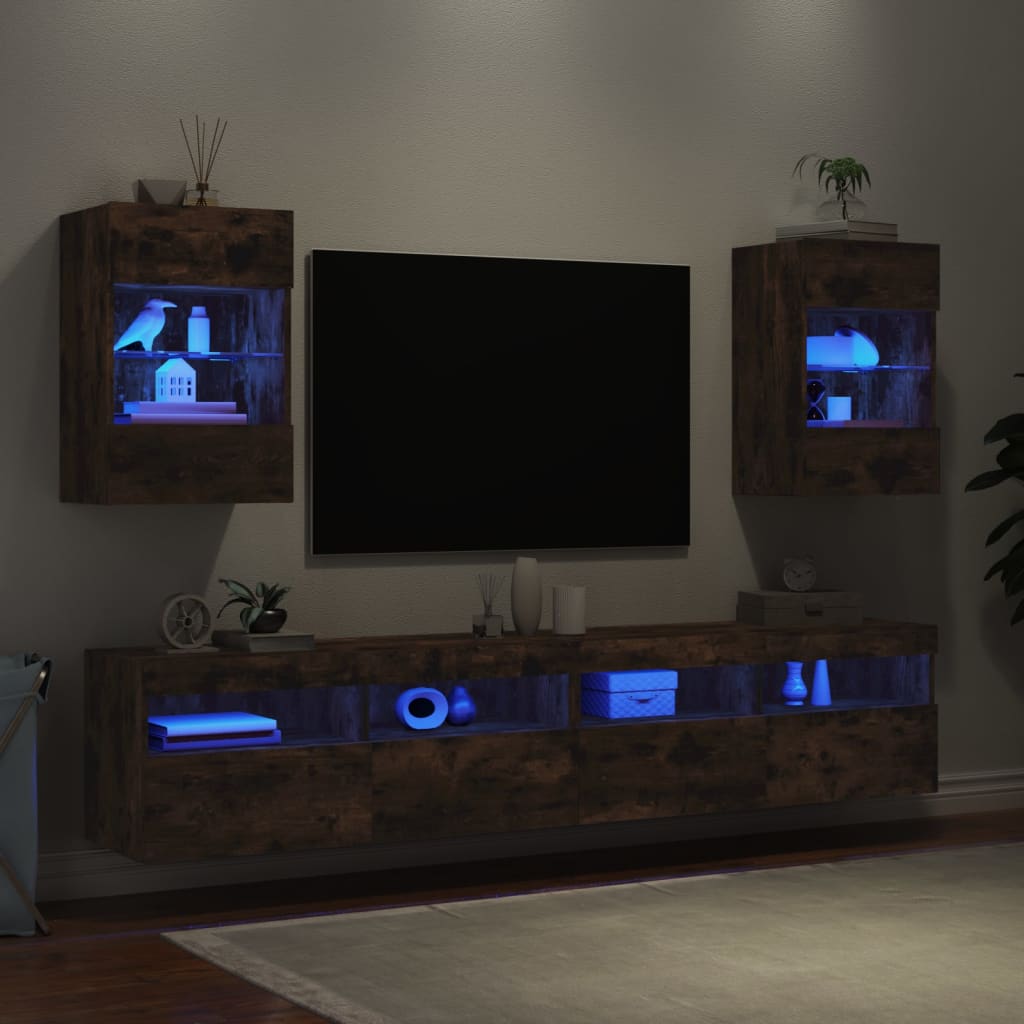 vidaXL Stenske TV omarice z LED 2 kosa dimljeni hrast 40x30x60,5 cm