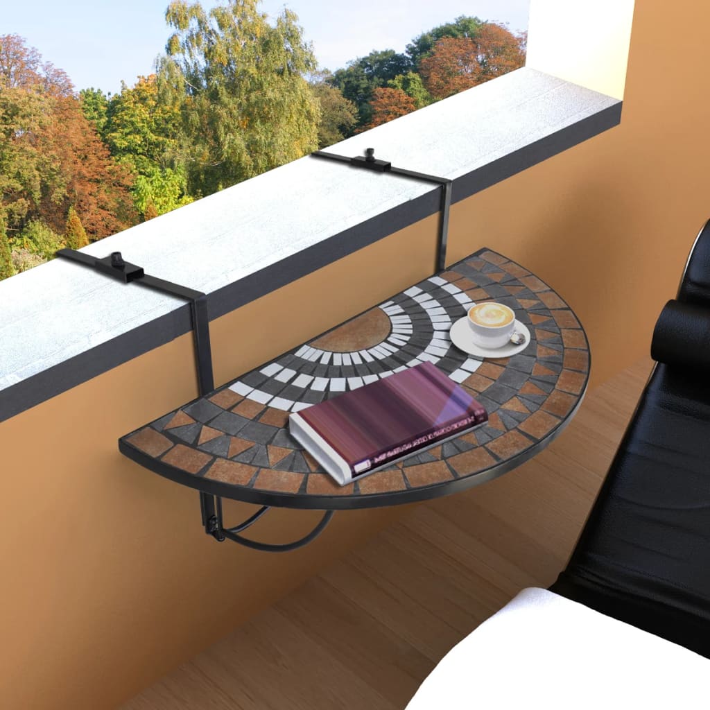 vidaXL Viseča balkonska miza terakota in bela mozaik