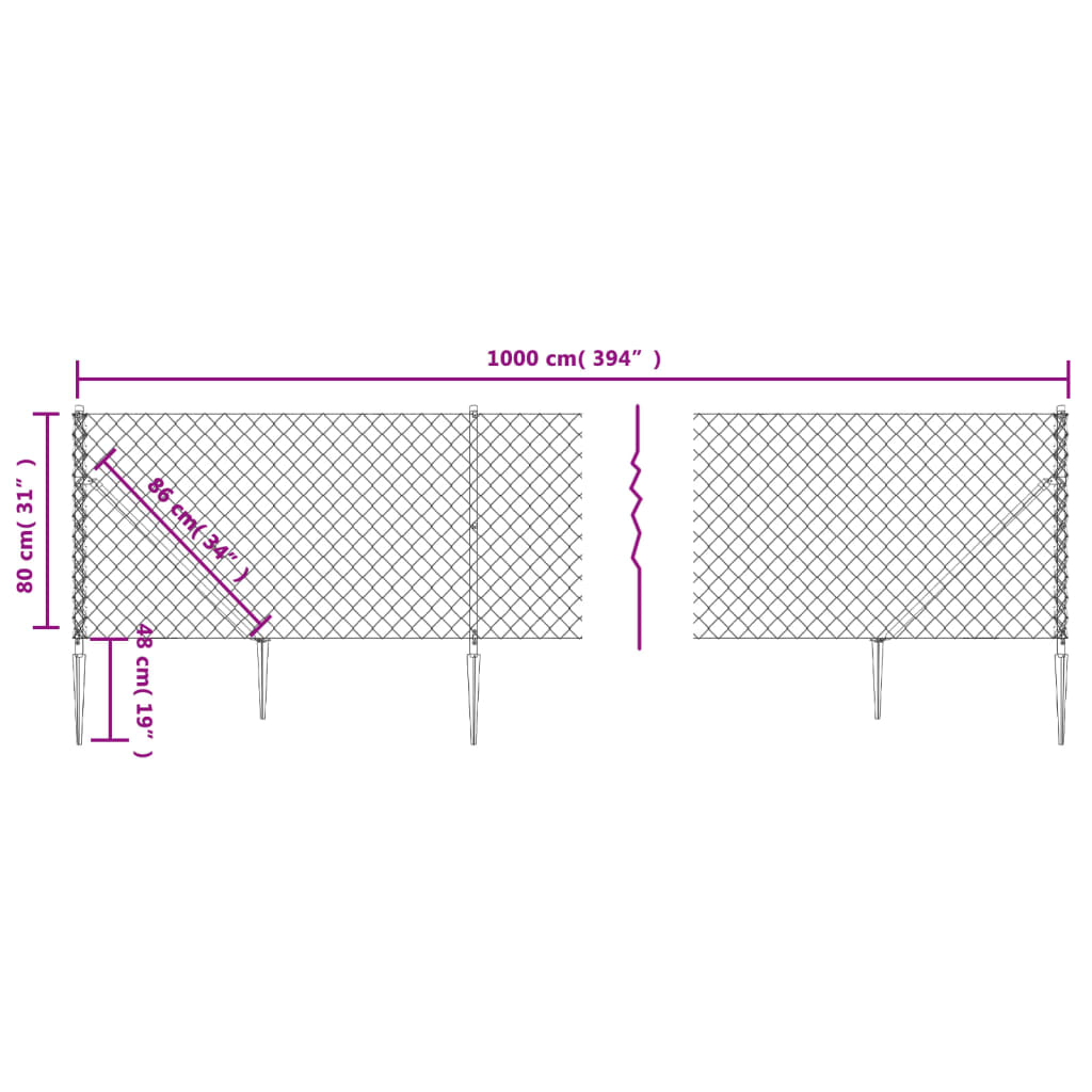 vidaXL Žična ograja s konicami za postavitev srebrna 0,8x10 m