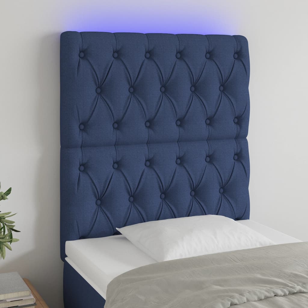 vidaXL LED posteljno vzglavje modro 80x7x118/128 cm blago