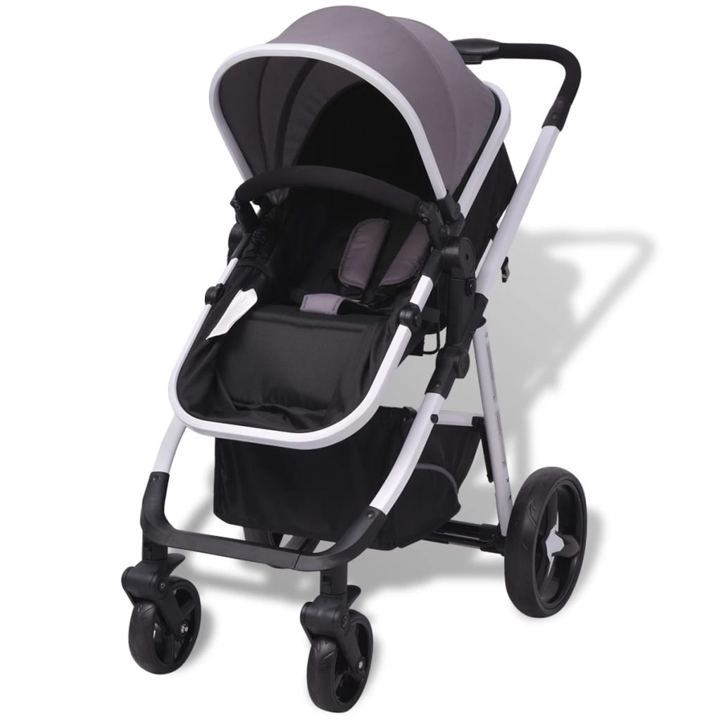 vidaXL Otroški voziček 3 v 1 aluminijast sive in črne barve
