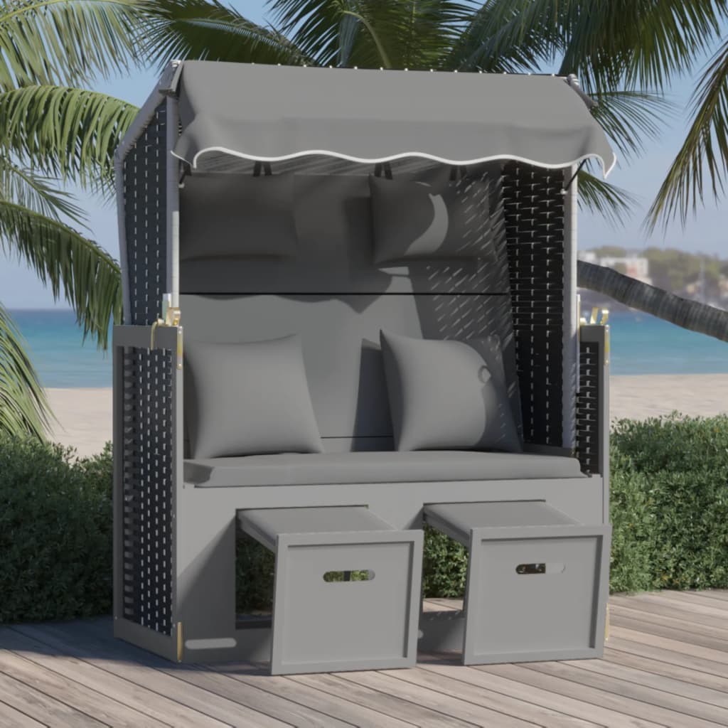 vidaXL Stol za na plažo z blazino poli ratan in trden les antracit/črn