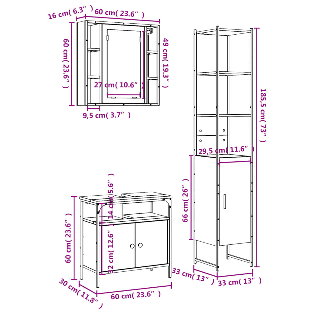 vidaXL Komplet kopalniških omaric 3-delni dimljen hrast inženirski les