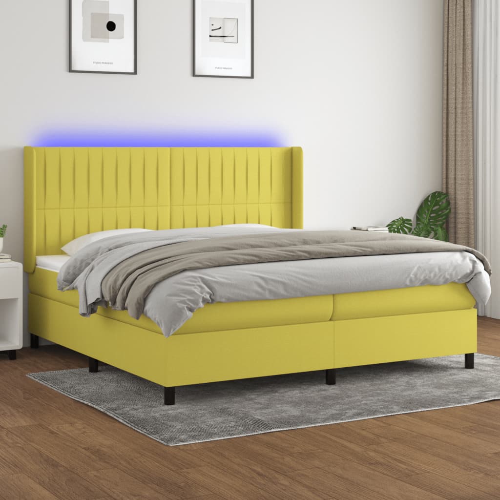 vidaXL Box spring postelja z vzmetnico LED zelena 200x200 cm blago