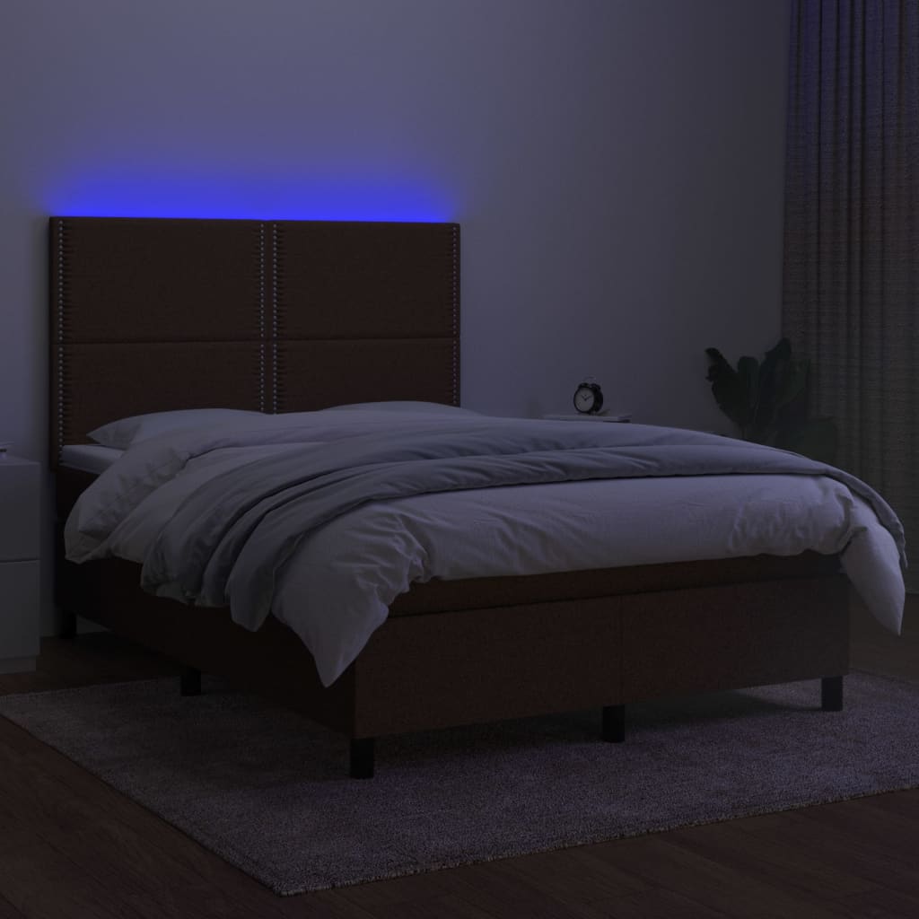 vidaXL Box spring postelja z vzmetnico LED temno rjava 140x200cm blago