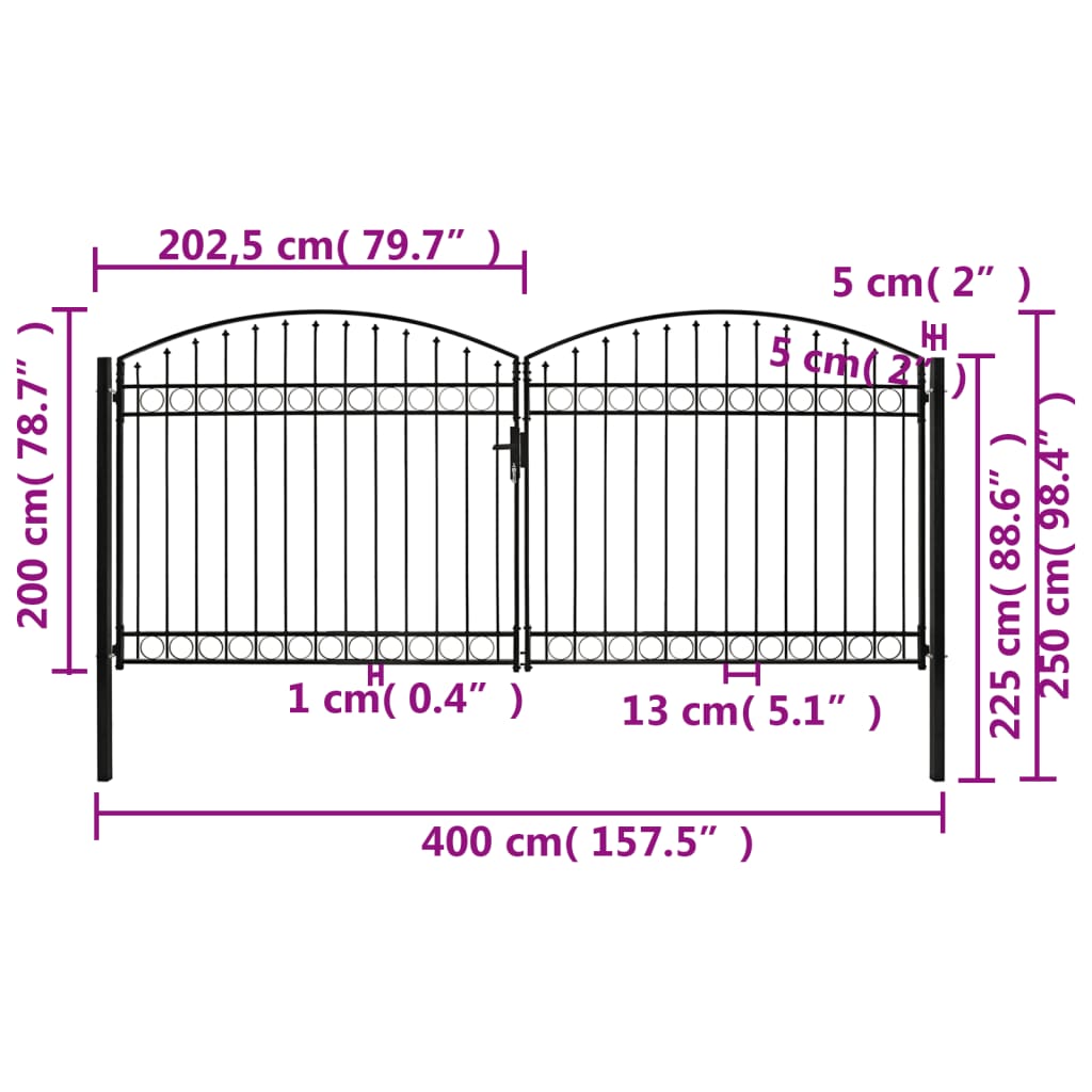 vidaXL Dvojna vrata za ograjo zaobljena jeklo 400x200 cm črna