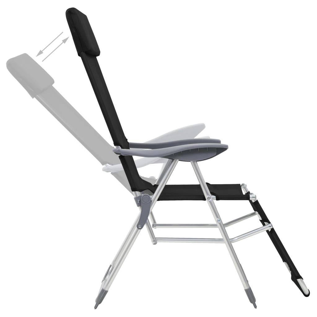 vidaXL Zložljiv kamping stol z naslonom za noge 2 kosa črn tekstilen