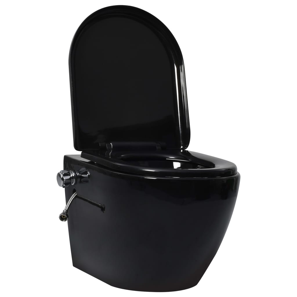 vidaXL Viseča WC školjka brez roba z vgradnim kotličkom keramična črna