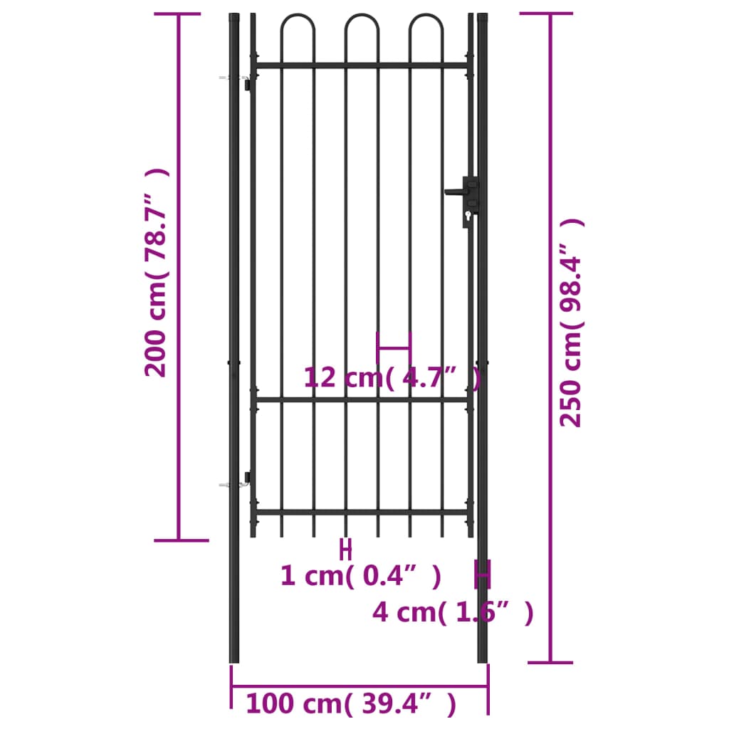 vidaXL Enojna vrata za ograjo zaobljena jeklo 1x2 m črna