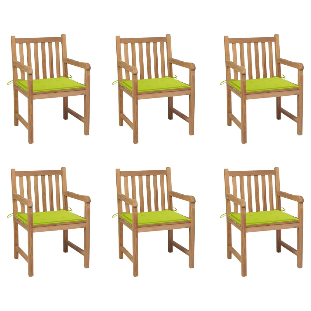 vidaXL Vrtni stoli 6 kosov s svetlo zelenimi blazinami trdna tikovina