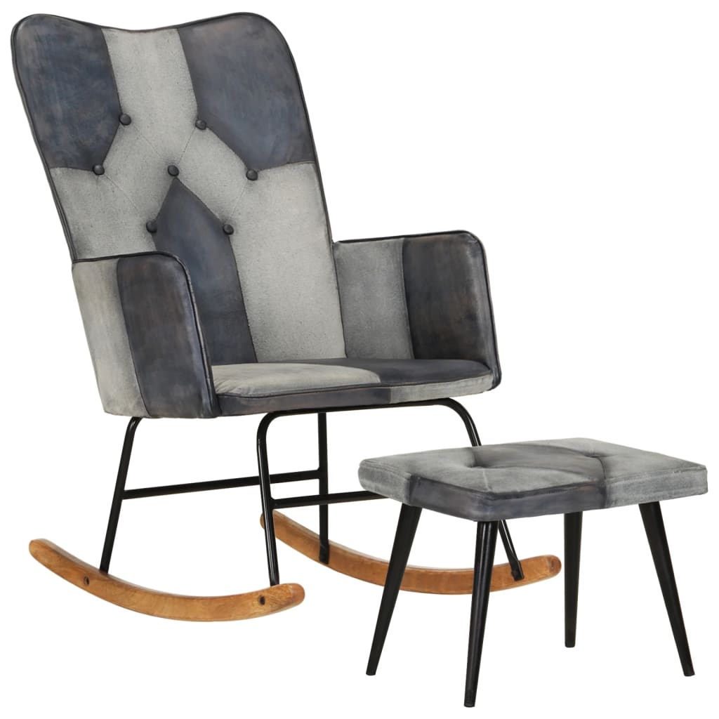 vidaXL Gugalni stol s stolčkom za noge sivo pravo usnje in platno
