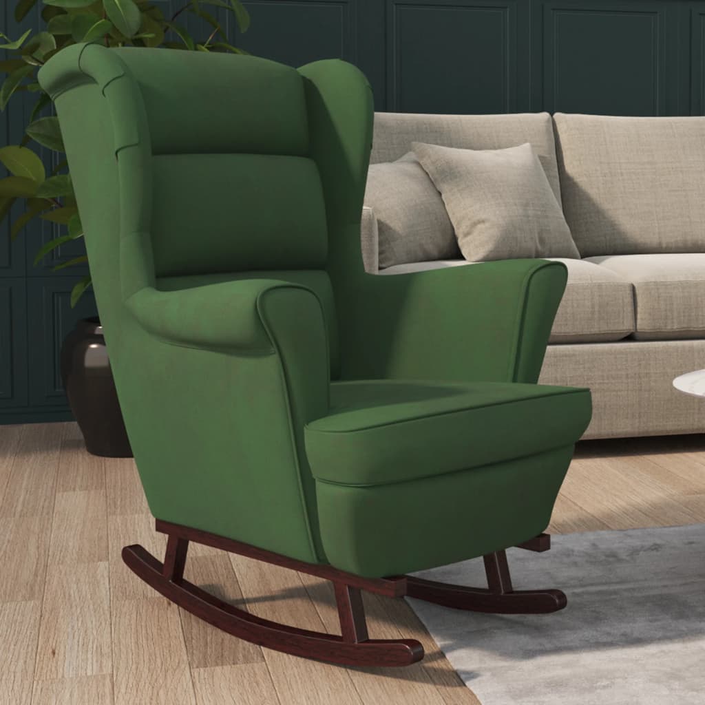 vidaXL Gugalni stol z nogami iz trdnega kavčukovca temno zelen žamet