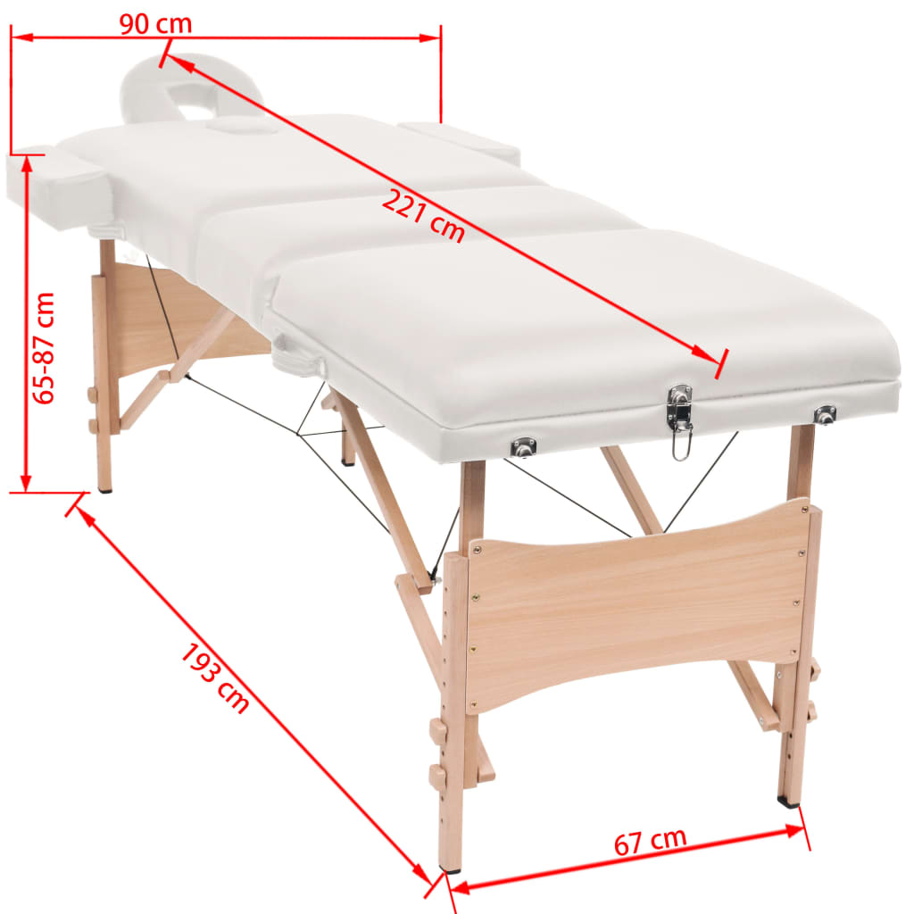 vidaXL 3-conska zložljiva masažna miza debeline 10 cm bela