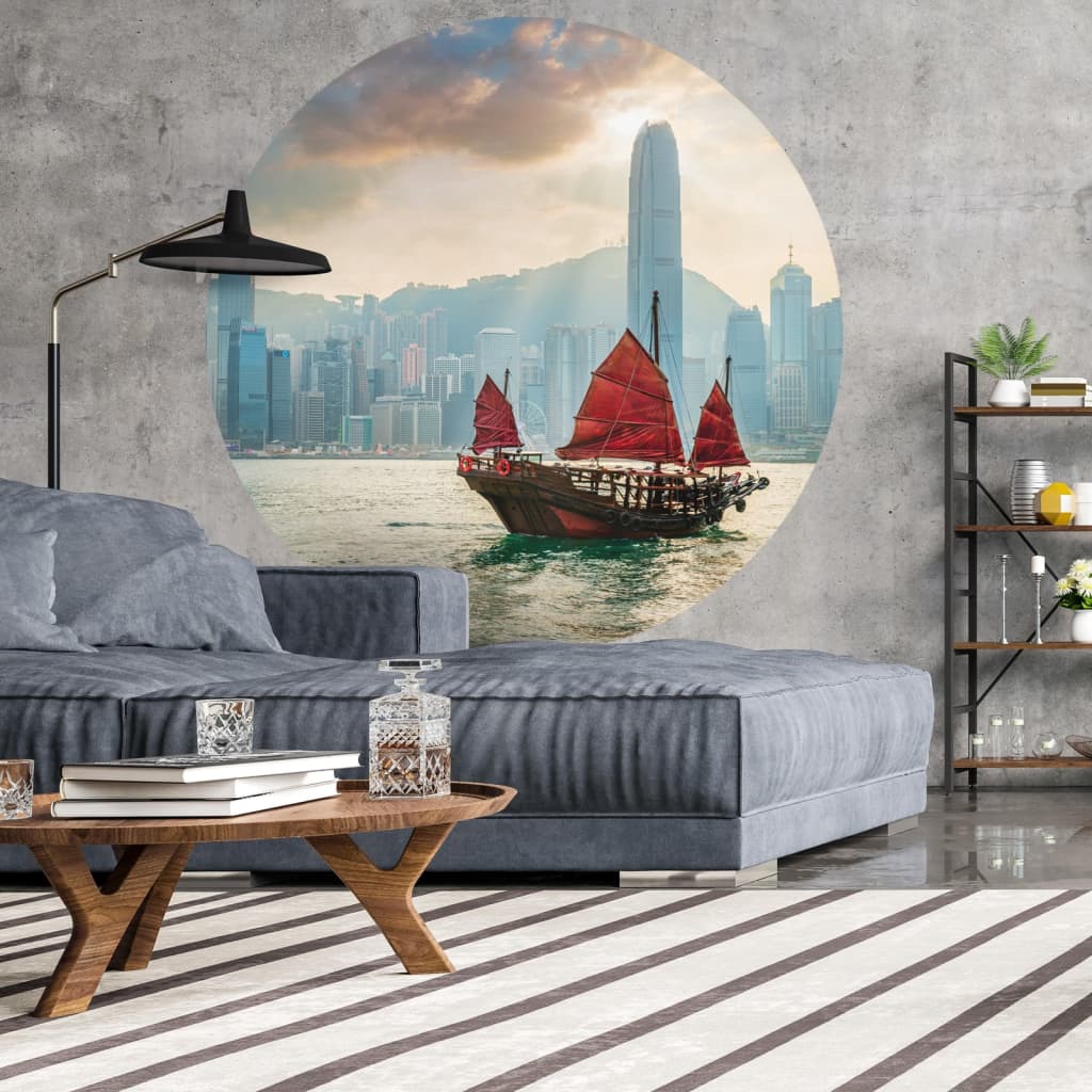 WallArt Okrogla tapeta Skyline with Junk Boat 142,5 cm