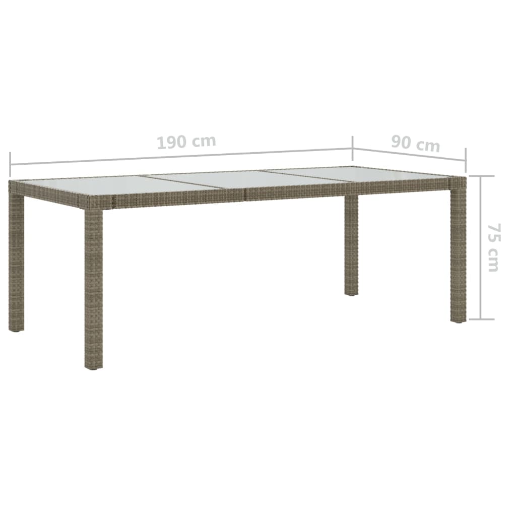 vidaXL Vrtna miza siva 190x90x75 cm kaljeno steklo in poli ratan
